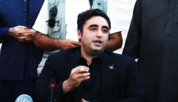 PPP Chairman Bilawal Bhutto-Zardari addressing a press conference in Jacobabad, on October 7, 2023, in this still taken from a video. — YouTube/GeoNews