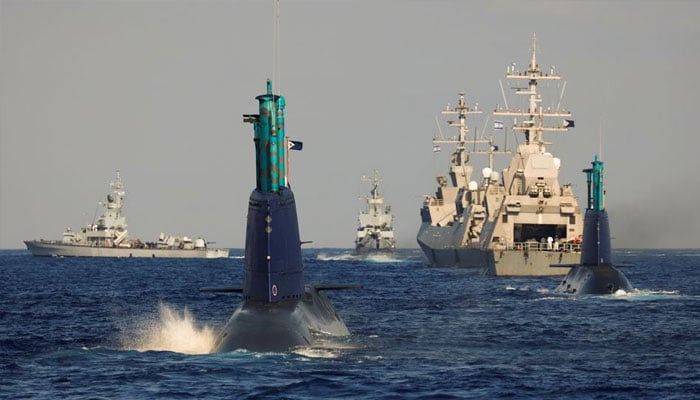 Leviathan and a second Israeli navy submarine are seen during a naval manoeuvre in the Mediterranean Sea off the coast of Haifa, northern Israel June 9, 2021.—Reuters
