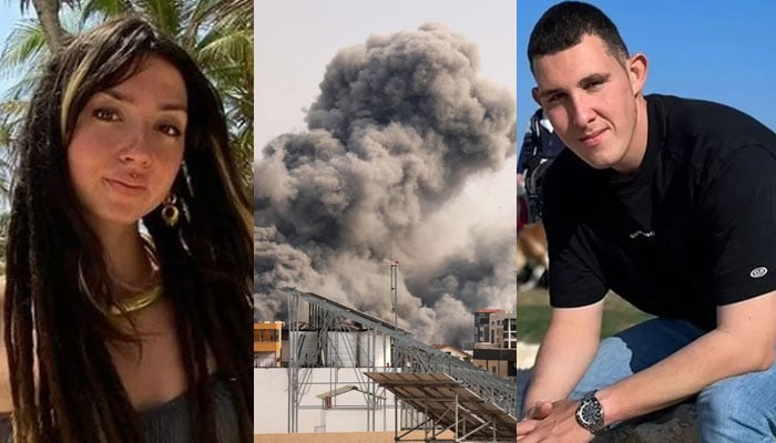 Shani - pictured here in Mexico - was attending a festival in Israel when she went missing (L), a plume of smoke billows behind highrise buildings in the sky during an Israeli airstrike on Gaza City on October 9, 2023 (center) and Nathanel Young was a former pupil at JFS, a Jewish school in London (R).—InstagramAFP/family handout