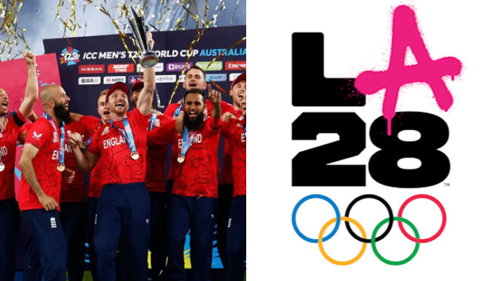 England cricket team players (left) with the ICC T20 World Cup 2022 trophy after winning the final match against Pakistan, LA28 Olympics logo — ICC/la28.org