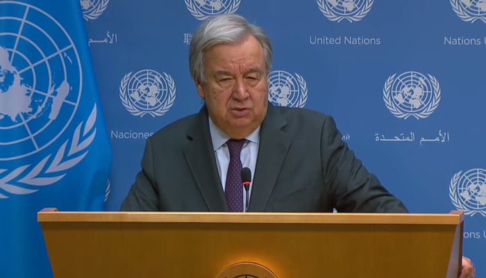 United Nations Secretary-General Antonio Guterres while speaking with the reporters in this still taken from a video released on October 9, 2023. — YouTube/United Nations