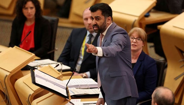 Scotlands First Minister Humza Yousaf attends First Ministers Questions at the Scottish Parliament at Holyrood, in Edinburgh, Scotland, Britain, March 30, 2023. — Reuters