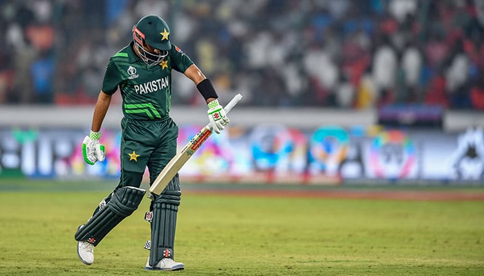 Pakistans captain Babar Azam gestures as he walks back to the pavilion after his dismissal during the 2023 ICC Mens Cricket World Cup ODI match between Pakistan and Sri Lanka at the Rajiv Gandhi International Stadium in Hyderabad on October 10, 2023. — AFP