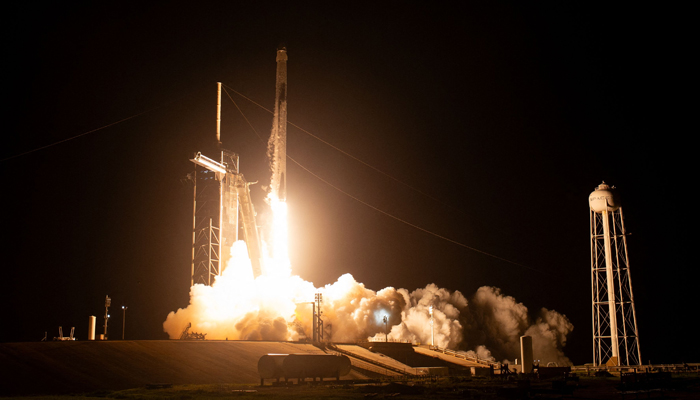 This picture taken on August 26, 2023 shows a Crew-7 mission launching on a SpaceX Falcon 9 rocket with the companys Dragon spacecraft from Launch Complex 39A at the Kennedy Space Center in Cape Canaveral, Florida. —