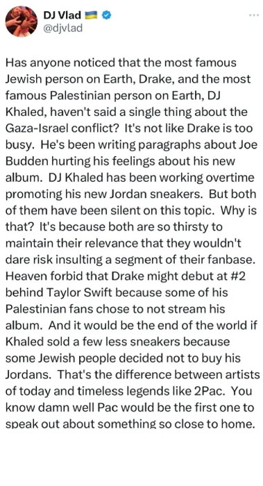 Drake, DJ Khalid called out on double standards amid Israel-Palestine conflict