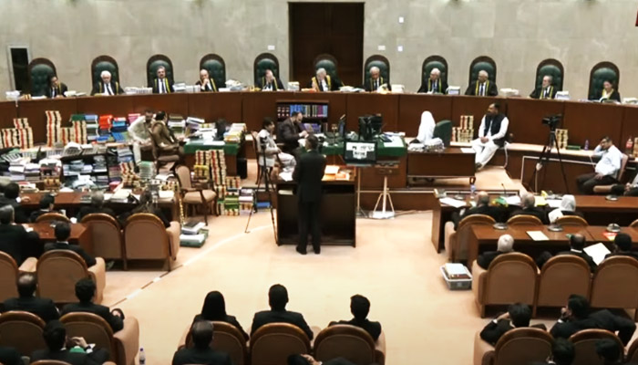 Full court bench is hearing the petitions challenging the SC (Practice and Procedure) Act 2023 in this still taken from a video on October 11, 2023. — YouTube/PTV News