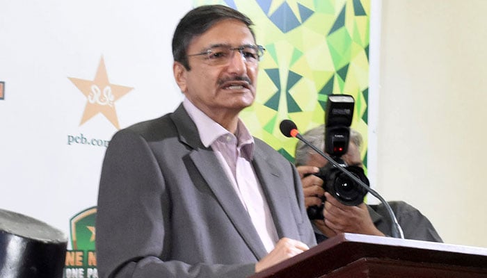 PCB Management Committee Chairman Zaka Ashraf talking to media persons after unveiling the new kit of Pakistan Cricket Team for Asia Cup, at Gaddafi Stadium in Lahore. — Online/File