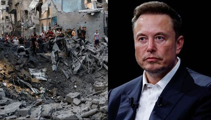 Palestinians inspect damages in the aftermath of Israeli strikes, following a Hamas surprise attack, at Beach refugee camp, in Gaza City, October 9, 2023 and Elon Musk on .