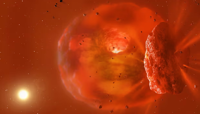 An artistic concept of the huge, glowing planetary body produced by a planetary collision. — Mark Garlick/University of Bristol/PA