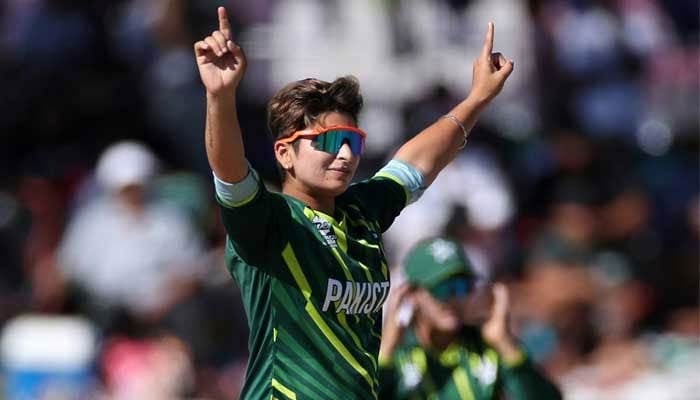 Veteran Pakistan all-rounder Nida Dar celebrates after claiming a wicket in during the Group B T20 womens World Cup cricket match between Pakistan and West Indies at Boland Park in Paarl on February 19, 2023. — X/@TheRealPCB