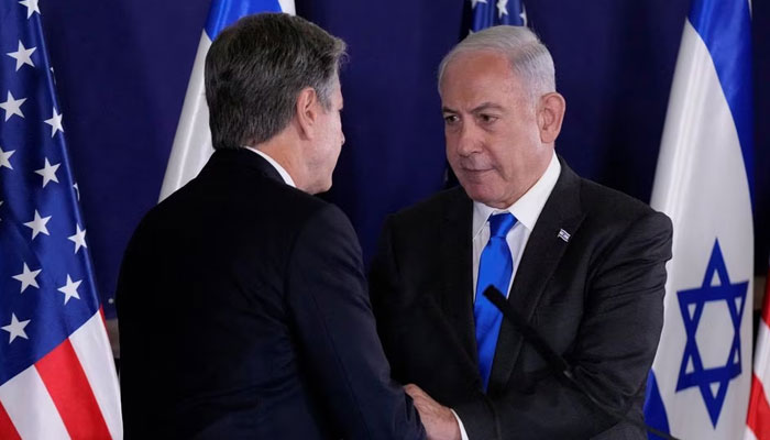 US Secretary of State Antony Blinken and Israel’s Prime Minister Benjamin Netanyahu shake hands after their statements to the media inside The Kirya, which houses the Israeli Ministry of Defense, after their meeting in Tel Aviv, Israel, Thursday, Oct. 12, 2023.—Reuters