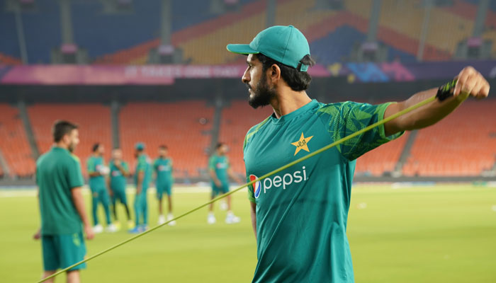 Pakistans right-arm medium fast bowler and batter Hasan Ali working out at Narendra Modi Stadium, Ahmedabad, India on October 12, 2023. — X/@TheRealPCB