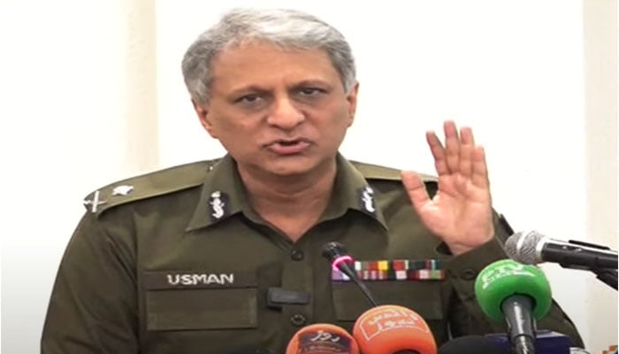 Punjab Inspector General (IG) Dr Usman Anwar speaks during a presser in Lahore on Friday October 13, 2023, in this still taken from a video. — YouTube/Geo News