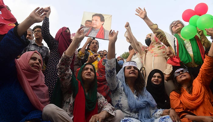 PTI activists and supporters protest against the arrest of Imran Khan, in Karachi on August 27, 2023. — AFP