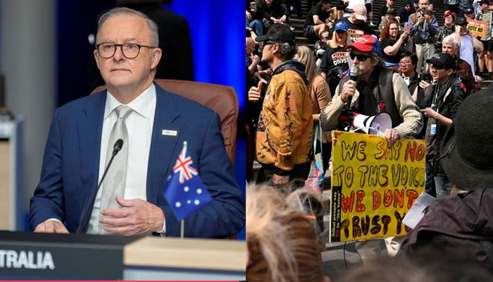 Australias Prime Minister Anthony Albanese attends a meeting of the North Atlantic Council during a NATO leaders summit in Vilnius, Lithuania July 12, 2023(L) and people take part in a rally against the Voice referendum to parliament in Melbourne, Australia September 23, 2023 (R). —Reuters