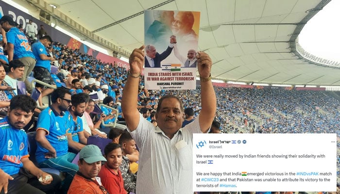 Indian spectator carries placard bearing photos of Indias Prime Minister Narendra Modi and Israels Netanyahu supporting Israel at the Narendra Modi Stadium in Ahmedabad. — Twitter/@NaorGilon