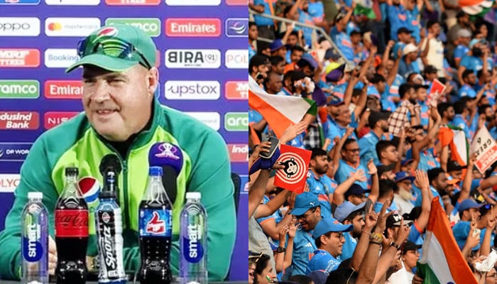Pakistan cricket team director Mickey Arthur speaking at the post-match press conference (left) and Indian fans cheer during the Pak-Ind World Cup 2023 match. on October 14, 2023. — AFP
