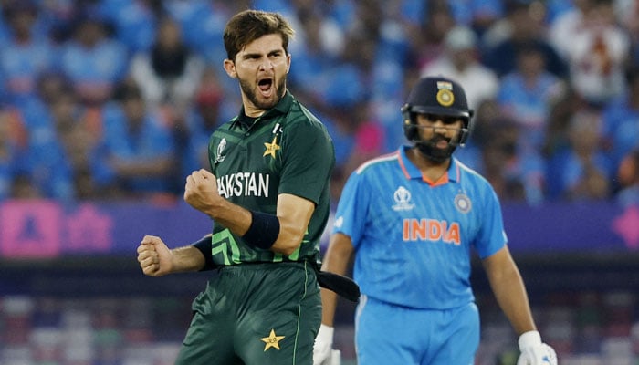 Pakistans Shaheen Afridi celebrates after taking the wicket of Indias Shubman Gill, caught by Shadab Khan (not seen in the picture) during India v Pakistan match in ICC Cricket World Cup 2023 at Narendra Modi Stadium, Ahmedabad, India on October 14, 2023. — Reuters