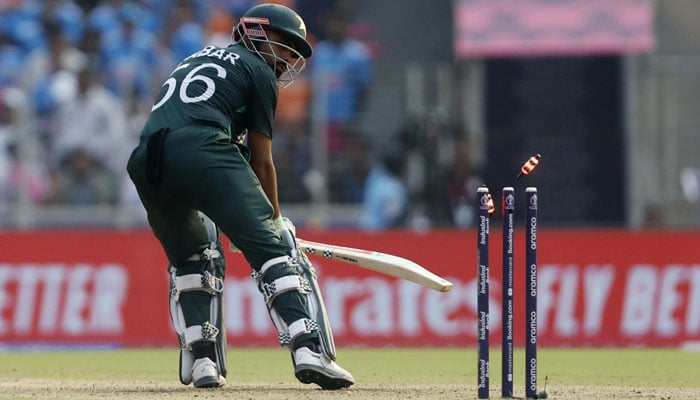 Pakistans Babar Azam gets bowled out by Indias Mohammed Siraj during ICC Cricket World Cup 2023 India v Pakistan match at Narendra Modi Stadium, Ahmedabad, India on October 14, 2023. — Reuters