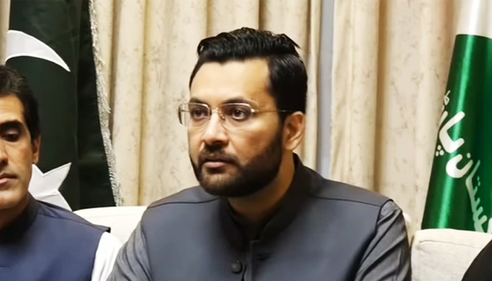 Politician Farrukh Habib addressing a press conference in Lahore, on October 16, 2023, in this still taken from a video. — YouTube/GeoNews