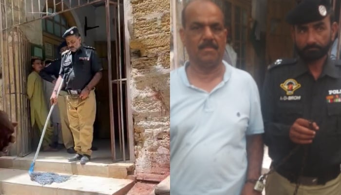 A collage of the stills taken from viral videos of cops serving odd punishments by the judicial magistrate in Karachi. — Reporter