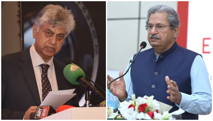 Caretaker Minister for Information and Broadcasting Murtaza Solangi (left) and Pakistan Tehreek-e-Insaf (PTI) senior leader Shafqat Mahmood. — APP/File