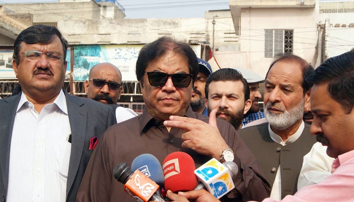 PML-N leader Hanif Abbasi addressing a press conference in this undated picture. — Online