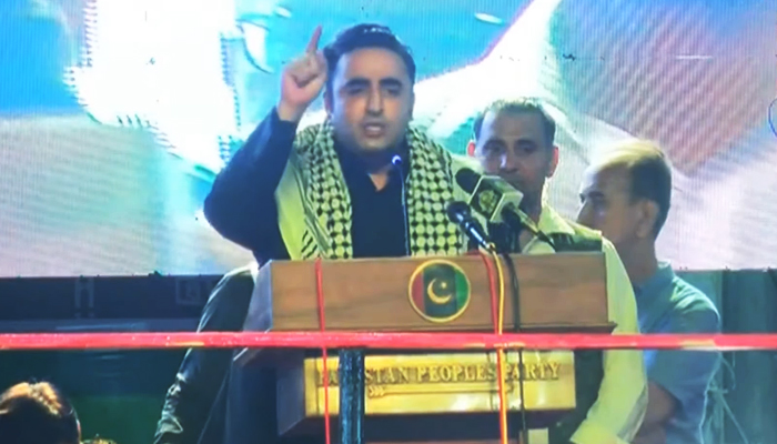 PPP Chairman Bilawal Bhutto-Zardari addressing the public rally in Karachi, on October 18, 2023, in this still taken from a video. — YouTube/GeoNews