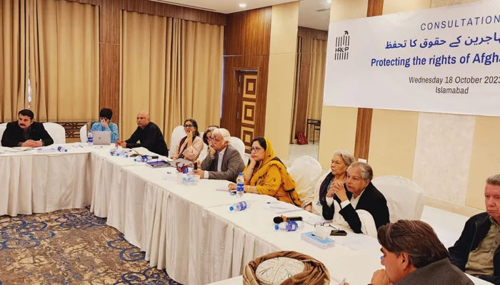 Participants can be seen Human Rights Commission of Pakistan (HRCP) consultation session in Islamabad with chairperson Hina Jilani (c) can be seen on October 18, 2023. — Facebook/Human Rights Commission of Pakistan