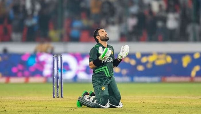 Pakistans Mohammad Rizwan celebrates after scoring a century during the 2023 ICC Mens Cricket World Cup ODI match between Pakistan and Sri Lanka on October 11, 2023. — AFP