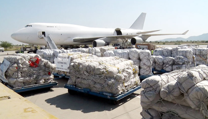 A picture of therelief assistance that Pakistan is sending to Gaza via Egypt can be seen, on October 19, 2023. — Radio Pakistan