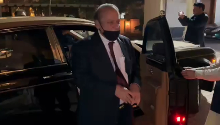 Ex-prime minister Nawaz Sharif gets out of a car in Dubai, UAE, on October 19, 2023, in this still taken from a video. — Reporter