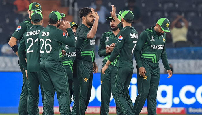 Team Pakistan celebrates the dismissal of Netherlands captain Scott Edwards during the 2023 ICC Men´s Cricket World Cup ODI match between Pakistan and Netherlands in India on October 6, 2023. — AFP