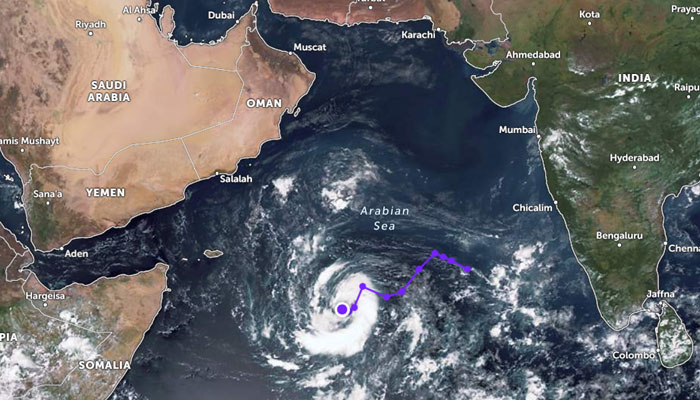 This satellite image shows the low-pressure area (LPA) strong weather system detected in southwest Arabian Sea. — Screengrab/Zoom Earth