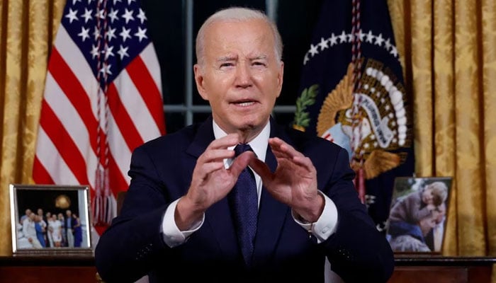 US President Joe Biden delivers a prime-time address to the nation about his approaches to the conflict between Israel and Hamas, humanitarian assistance in Gaza and continued support for Ukraine in their war with Russia, from the Oval Office of the White House in Washington, US October 19, 2023. — Reuters