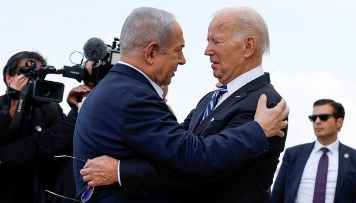U.S. President Joe Biden is welcomed by Israeli Prime Minister Benjamin Netanyahu, as he visits Israel amid the ongoing conflict between Israel and Hamas, in Tel Aviv.— Reuters/File