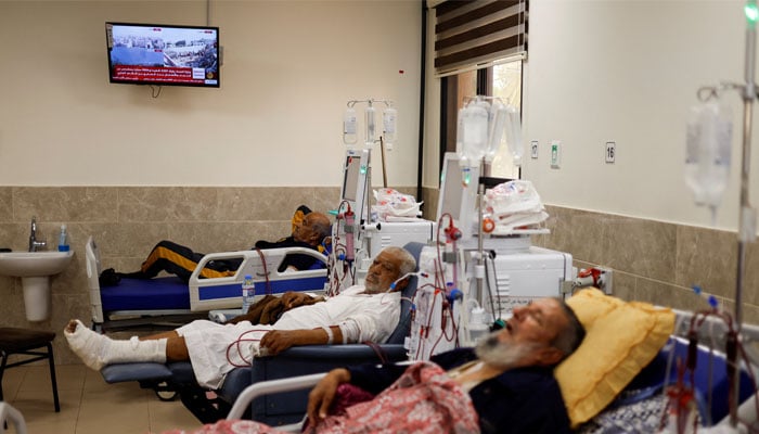 Palestinian kidney patients lie on hospital beds, as health officials say they are running out of fuel to operate dialysis devices, amid the ongoing Israeli-Palestinian conflict, at Naser hospital in Khan Younis in the southern Gaza Strip October 15, 2023. — Reuters