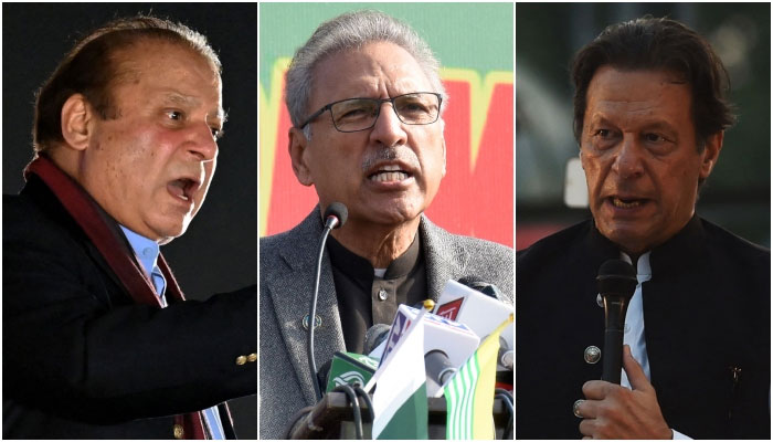 (Left to right) PML-N supremo Nawaz Sharif, President Arif Alvi, and PTI Chairman Imran Khan. — AFP/Online