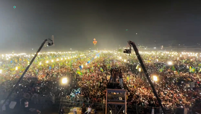 An aerial view of the rally at Minar-e-Pakistan in Lahore, on October 21, 2023, in this still taken from a video. — X@pmln_org