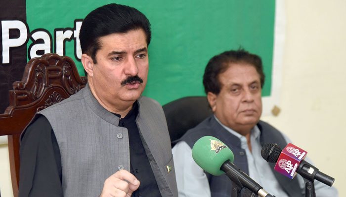 PPP leader Faisal Karim Kundi addresses a press conference at his residence in Islamabad on September 9, 2023. — Online