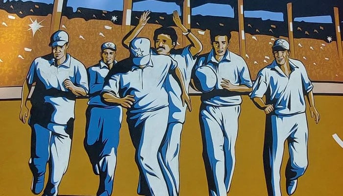 The mural depicts Pakistani players taking a victory lap after defeating India in the 1999 Test at Chennais Chidambaram Stadium. — Author