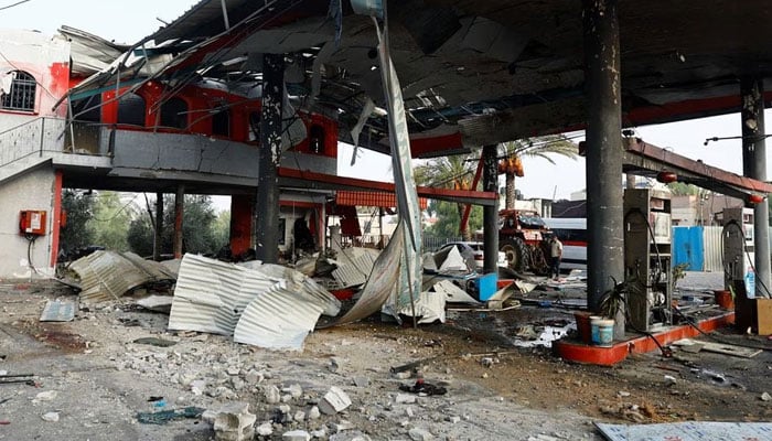 A general view of a petrol station hit in an Israeli strike, amid the ongoing conflict between Israel and Palestinian Islamist group Hamas, in Khan Younis in the southern Gaza Strip, October 24, 2023.—Reuters