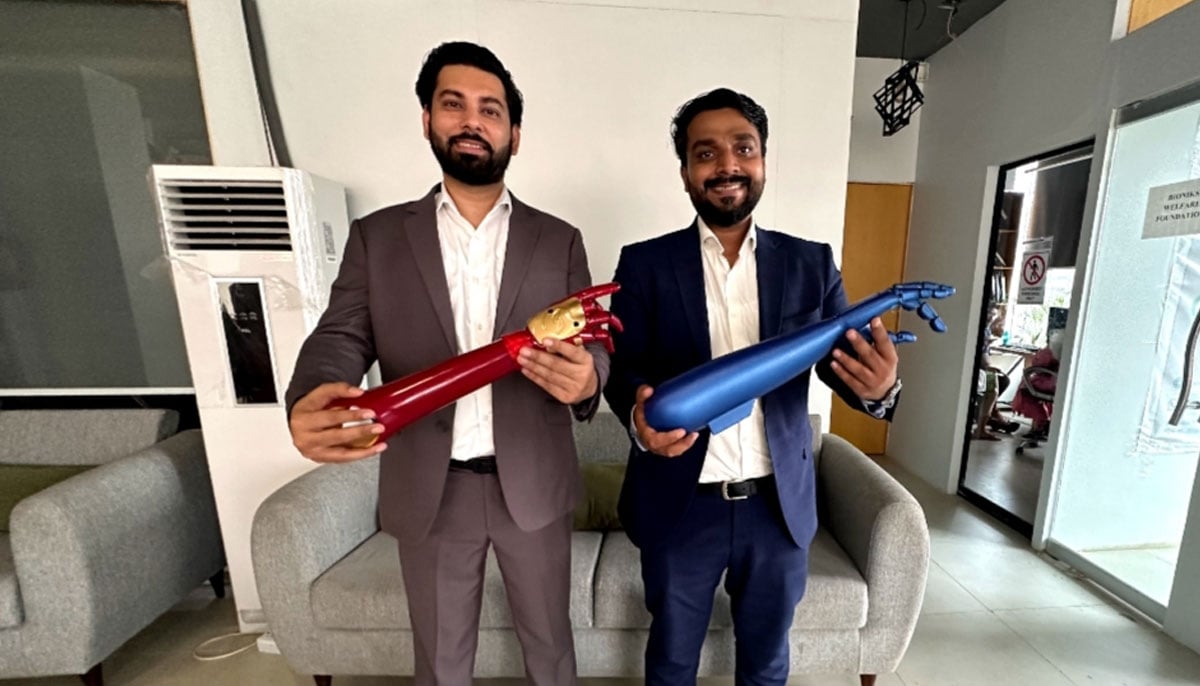 Anas Niaz and Ovais H. Qureshi, mechatronic engineers and co-founders of Bioniks, showcase their innovation - Artificial Intelligence-driven prosthetic arms on October 5, 2023. — Photo by author