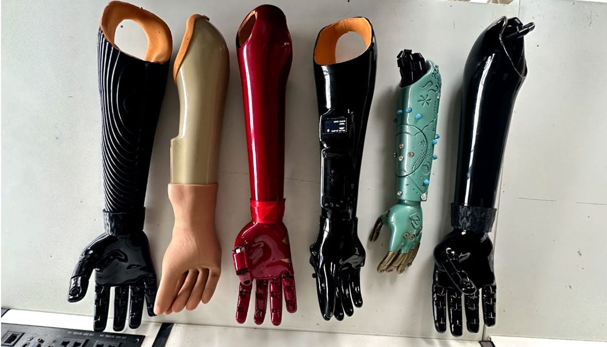Various models of AI-driven prosthetic limbs are showcased at the Bioniks office in Karachi on October 5, 2023. — Photo by author