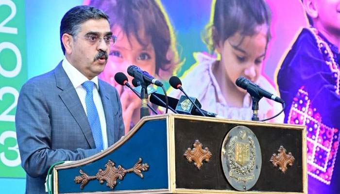 Caretaker Prime Minister Anwaar-ul-Haq Kakar addresses a ceremony in Islamabad to commemorate World Polio Day on October 24, 2023. — X/@RadioPakistan