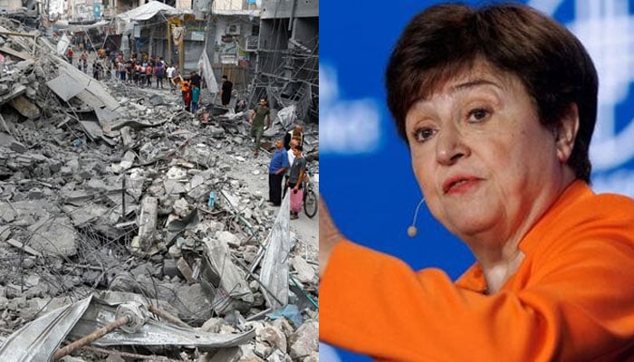 People looking at the rubbles of a building in Gaza (L) and Kristalina Georgieva, Managing Director, International Monetary Fund(R).—Reuters/file