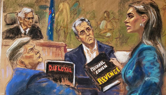Former US President Donald Trump watches as his lawyer Alina Habba cross-examines Michael Cohen before Judge Arthur F Engoron during the Trump Organisation civil fraud trial in New York State Supreme Court in the Manhattan borough of New York City, US, October 25, 2023, in this courtroom sketch. — Reuters