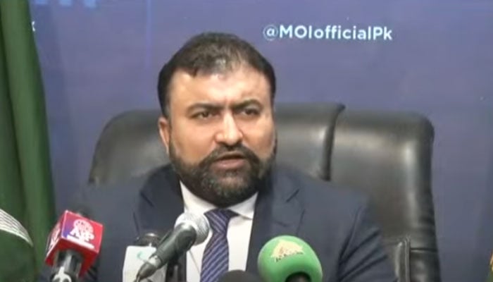 Caretaker Interior Minister Sarfraz Bugti is addressing a press conference in Islamabad, in this still taken from a video, on October 26, 2023. — YouTube/GeoNews