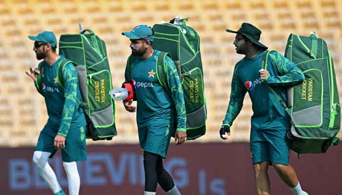 Captain Babar Azam (C) along with teammates attends a practice session on the eve of their 2023 ICC Men´s Cricket World Cup one-day international (ODI) match against Afghanistan at the MA Chidambaram Stadium in Chennai on October 22, 2023. —AFP