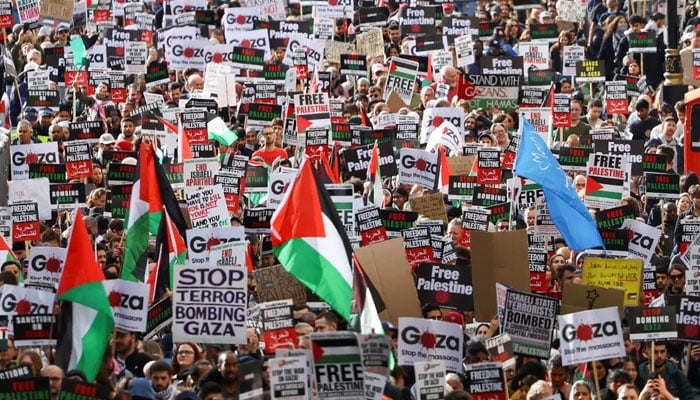 An estimated 100,000 people took part in the March For Palestine in London on Saturday. — Reuters